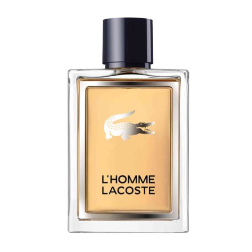L'Homme Lacoste Eau de Toilette for Men, 100 ml bottle with clear glass and black cap, featuring the iconic Lacoste crocodile logo.