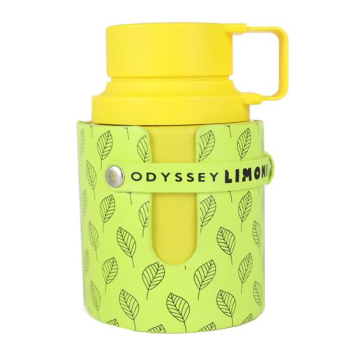 A bright yellow perfume bottle of Odyssey Limoni Fresh Edition with a green decorative sleeve featuring a leaf motif and an attached handle, creating a fresh and lively appearance.