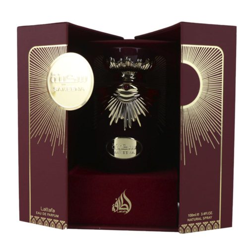 Sakeena Eau de Parfum by Lattafa displayed in an open box with a maroon and gold presentation.