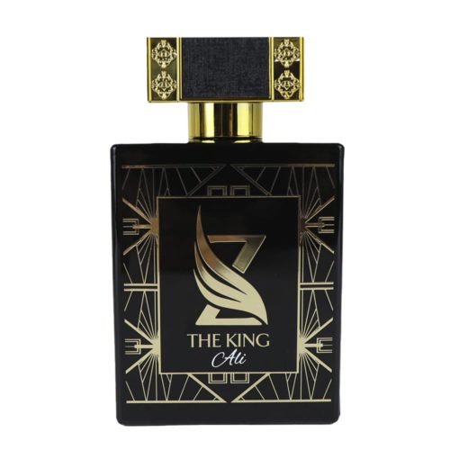 Close-up of The King Ali Eau de Parfum 100 ml bottle by Zoghbi Parfums, highlighting its gold-accented cap and art deco-style label.