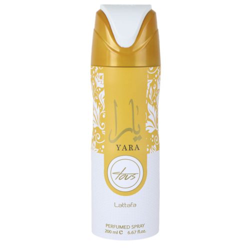Yara Tous Perfumed Spray 200 ml by Lattafa Pride with decorative gold and white floral design on the can, displayed with the cap on.