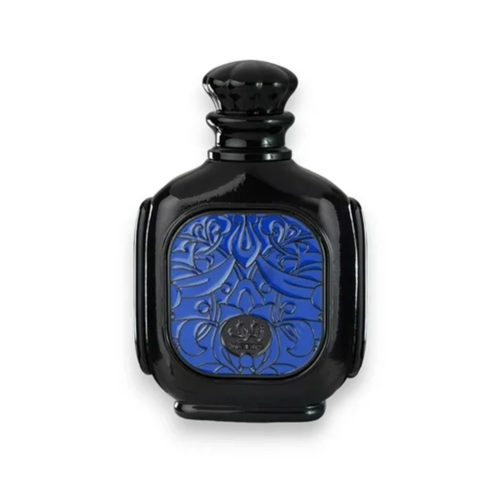 Zukhruf Black Eau de Parfum de Zimaya, con un elegante frasco negro con detalles azules ornamentados y un diseño elegante.
