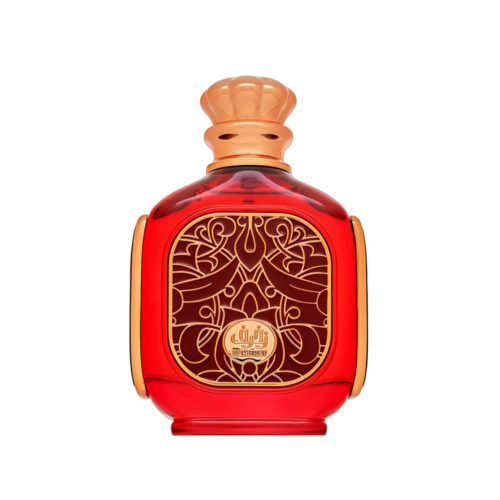 Close-up of the Zukhruf Cherry Eau de Parfum bottle by Zimaya, showcasing a rich red design with elegant gold patterns and accents.
