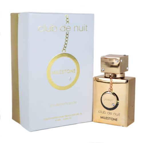 Side view of Club de Nuit Milestone packaging, combining white and gold elements with sleek and luxurious detailing.