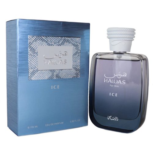 Hawas for Him Ice Eau de Parfum bottle alongside its metallic blue packaging, showing a sleek design with Arabic and English text.