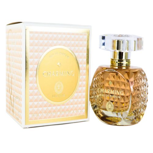 Charming Eau de Parfum by Lionne, featuring a 100ml golden amber bottle with a faceted design, displayed next to its matching gold and white box.
