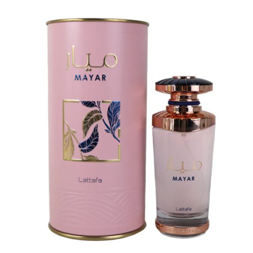 Mayar Eau de Parfum by Lattafa, showcasing a 100ml pink perfume bottle with rose gold accents, displayed next to its pink floral cylindrical box.