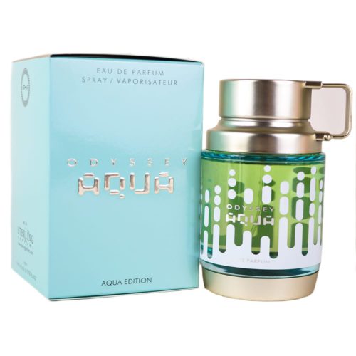 A silver and green perfume bottle with a handle and white patterns, labeled "Odyssey Aqua," paired with matching light blue packaging.