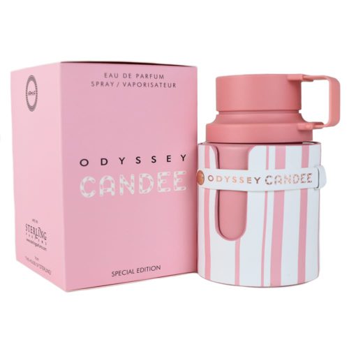 A side view of the Odyssey Candee perfume bottle with the accompanying box, highlighting the cohesive pink design and branding.