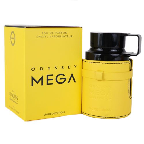 Odyssey Mega Limited Edition perfume box and bottle in a vibrant yellow color with black text, displayed side by side.