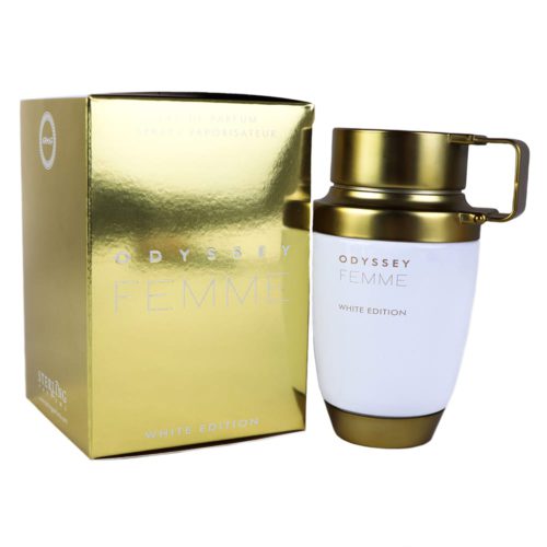 A standalone image of the Odyssey Femme White Edition box with reflective gold text and elegant branding.