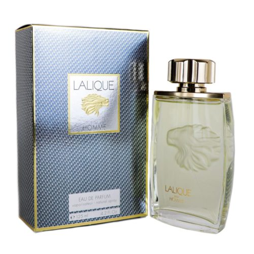 Lalique Pour Homme Eau de Parfum set, showcasing a 125ml clear glass bottle with a gold lion relief and cap, placed next to a textured gray and gold box.
