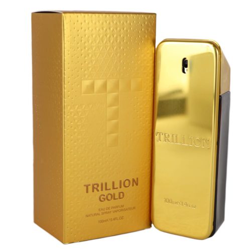 The Trillion Gold perfume bottle and box displayed side by side, showcasing their matching gold theme and premium finish.