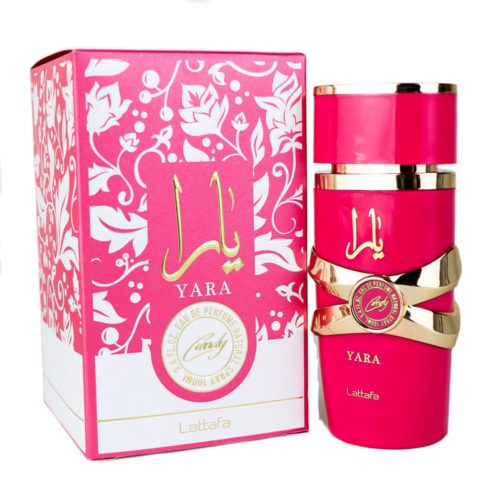 Yara Candy perfume bottle by Lattafa with its elegant pink packaging, adorned with golden bands and text in Arabic and Latin.