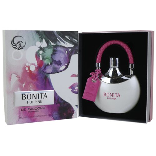 Bonita Hot Pink perfume set with the bottle and open packaging revealing artistic and vibrant details