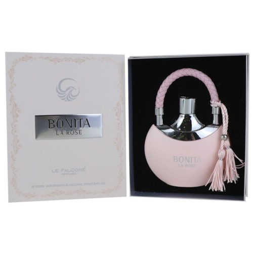The open "Bonita La Rose" perfume box displaying the light pink bottle securely placed inside a black interior.