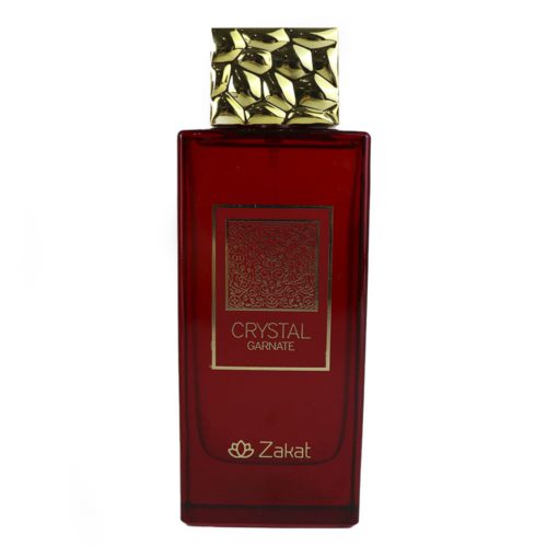 The tall red perfume bottle of "Crystal Garnate" Eau de Parfum by Zakat with a golden textured cap and intricate gold patterns on the label.