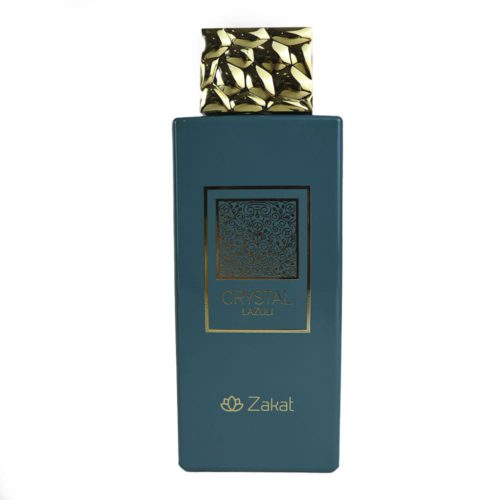 Crystal Lazuli EDP 115 ml unisex fragrance bottle by Zakat, with a rectangular teal design and a golden textured cap.