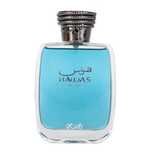 Rasasi Hawas for Him Eau de Parfum bottle, showcasing a sleek transparent design with a light blue liquid inside and a metallic cap.