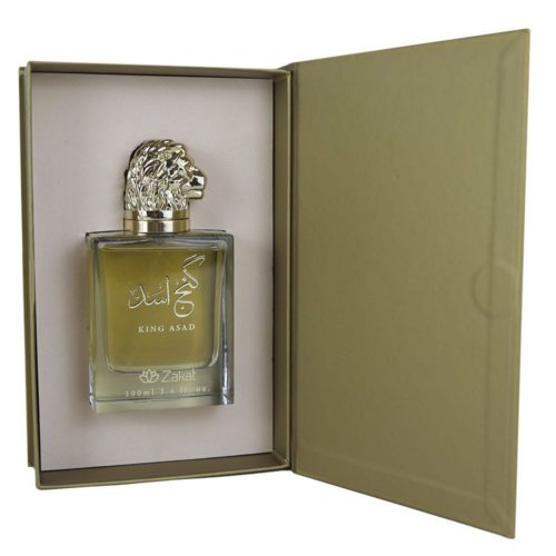 Open box of King Asad Eau de Parfum revealing the glass bottle with a gold lion head cap, 100ml capacity, by Zakat.