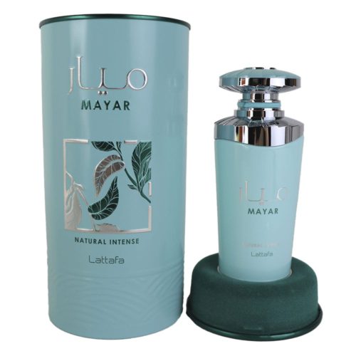 Unboxed 'Mayar Natural Intense' by Lattafa, featuring the turquoise cylindrical packaging and the elegant bottle on a matching pedestal.