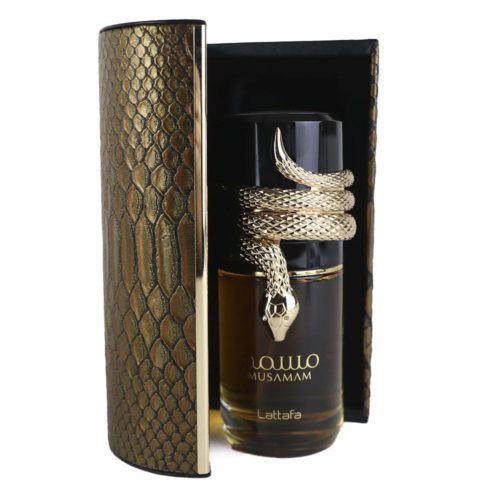 The perfume bottle inside a case with a golden snake-skin texture, showcasing the elegant golden snake design wrapped around the bottle.