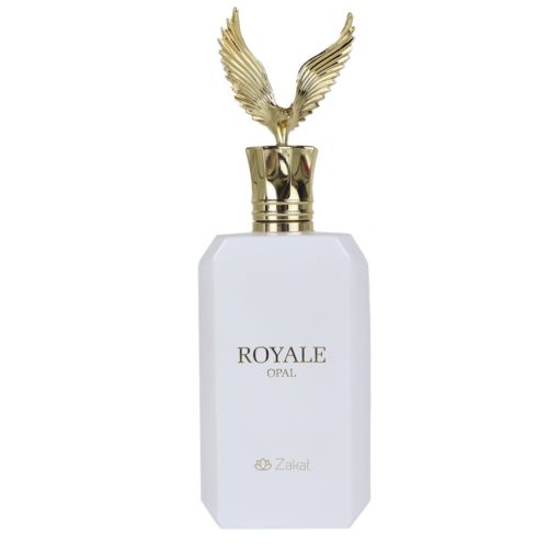 White bottle of Royale Opal perfume by Zakat with a gold eagle-shaped cap.