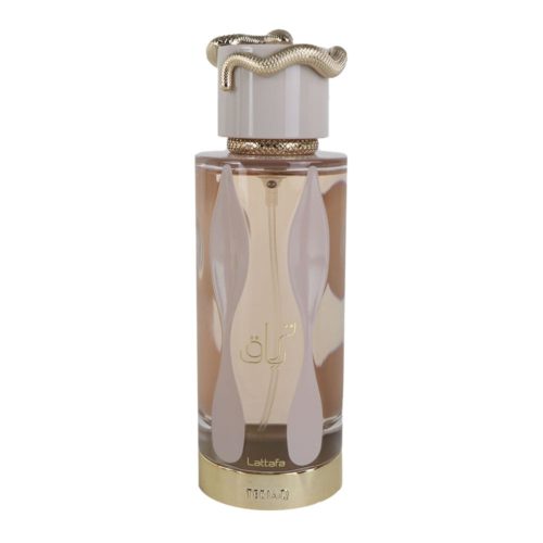 A sleek and elegant perfume bottle from Lattafa with a snake-shaped golden cap and transparent body revealing a beige liquid.