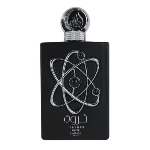 Close-up of the Tharwah Silver perfume bottle by Lattafa, featuring intricate metallic atom detailing on the black body and a round silver cap.