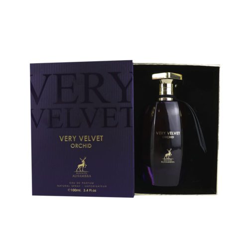 Opened box of "Very Velvet Orchid" with the fragrance bottle placed inside, presenting a luxurious and stylish packaging.