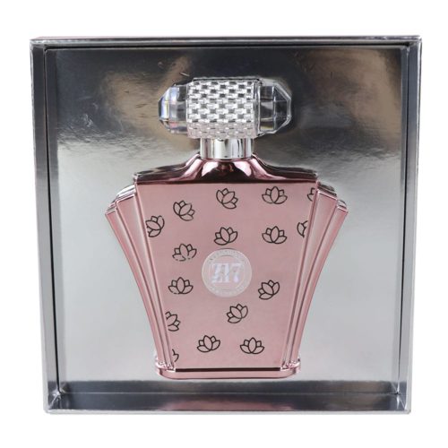 Zakat Z17 EDP 100 ml perfume bottle inside its box, featuring a metallic pink design and decorative cap.
