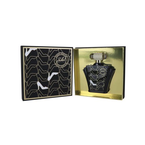 Zakat Z38 perfume inside its open box, revealing its elegant bottle with a gold cap.