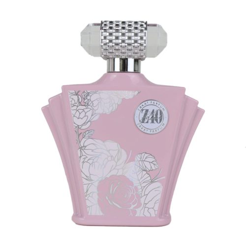 Zakat Parfum Z40 Eau de Parfum 100ml unisex perfume bottle. Light pink color with floral silver design and crystal cap.