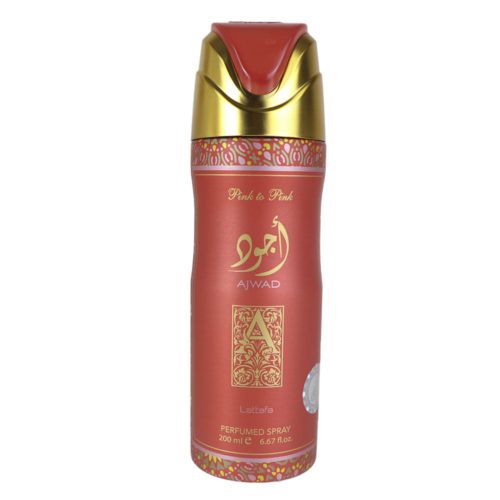 Packaged box of Ajwad Pink Perfumed Spray by Lattafa, containing 12 cans of 200 ml each, with visible branding and product design.
