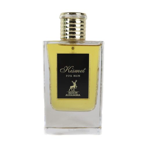 A transparent glass bottle of "Kismet For Men" Eau de Parfum by Maison Alhambra, with a golden screw cap and black label.