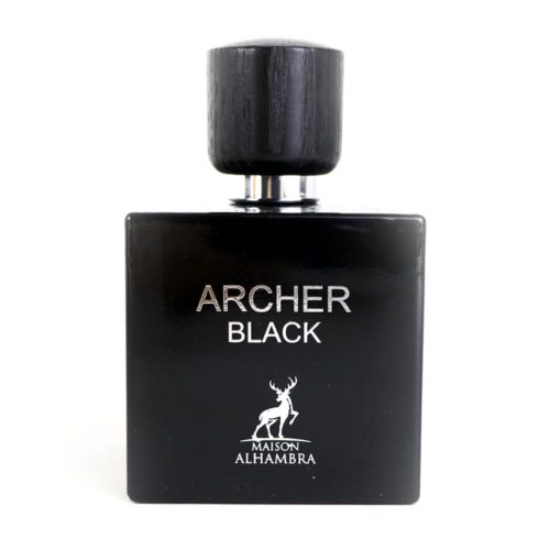 The "Archer Black" perfume bottle with a glossy black finish, wooden cap, and Maison Alhambra branding, exuding modern elegance.