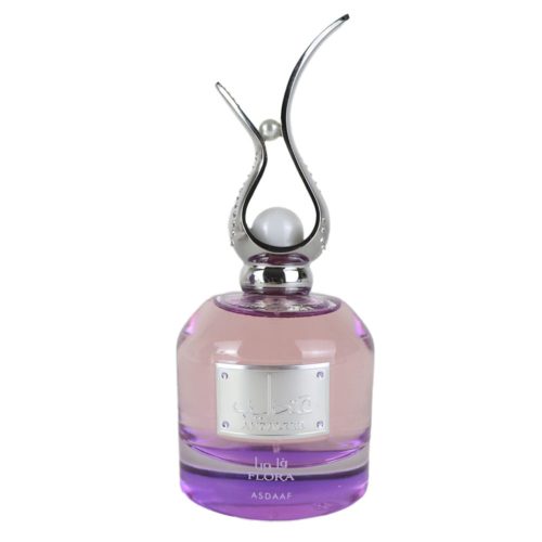 Close-up of the Andaleeb Flora EDP 100 ml perfume bottle by Asdaaf, with a purple and silver design and an ornate cap with a pearl.