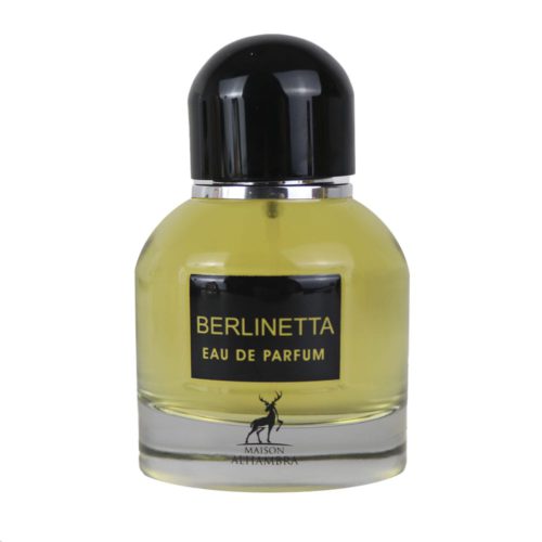 Berlinetta EDP 100 ml fragrance bottle by Maison Alhambra, with a clear glass design and a black cap.