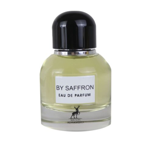 Close-up of the "By Saffron" Eau de Parfum bottle, featuring a cylindrical glass design, black cap, and minimalist white label with the brand name.