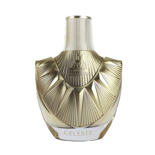 The Celeste perfume bottle by Maison Alhambra, featuring a golden design with intricate sunburst patterns.
