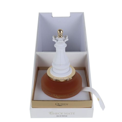 Open box displaying the 'Queen Check Mate' perfume by Armaf, with the chess-piece-shaped bottle seated inside a white and gold interior