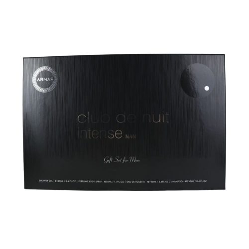 Front box of the “Club de Nuit Intense” gift set, in black with embossed details.