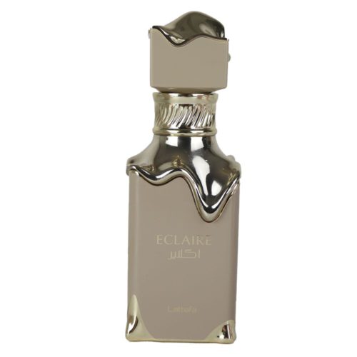 Lattafa Eclaire Eau de Parfum bottle, 3.4 fl oz (100 ml). The perfume bottle is beige with metallic gold accents in a dripping effect. The cap has a unique irregular gold finish, matching the bottle's luxurious design.