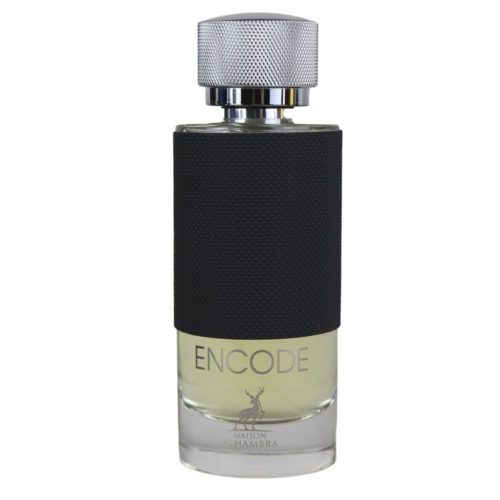 Close-up of the Encode Eau de Parfum bottle, featuring a textured black grip and silver cap, with the brand's logo and text engraved.