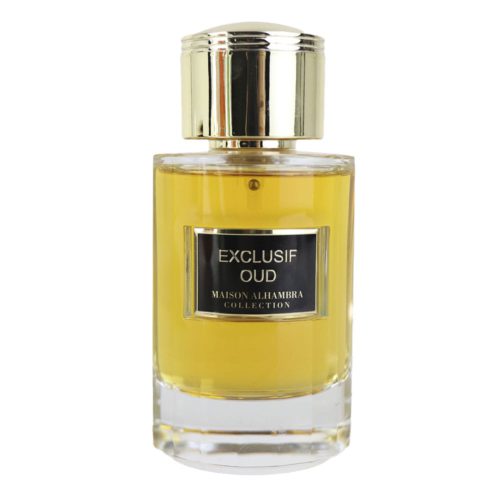A clear glass bottle labeled "Exclusif Oud Maison Alhambra Collection," filled with golden liquid and topped with a shiny gold cap.