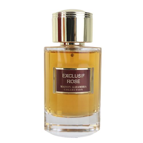 Close-up of the "Exclusif Rose" Eau de Parfum bottle by Maison Alhambra, featuring a refined gold label and cap with a transparent design.