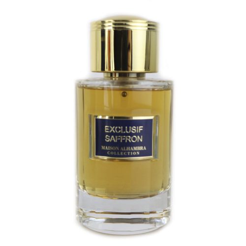 The "Maison Alhambra Exclusif Saffron" perfume bottle with a golden cap and a navy blue label, reflecting luxury and refinement.