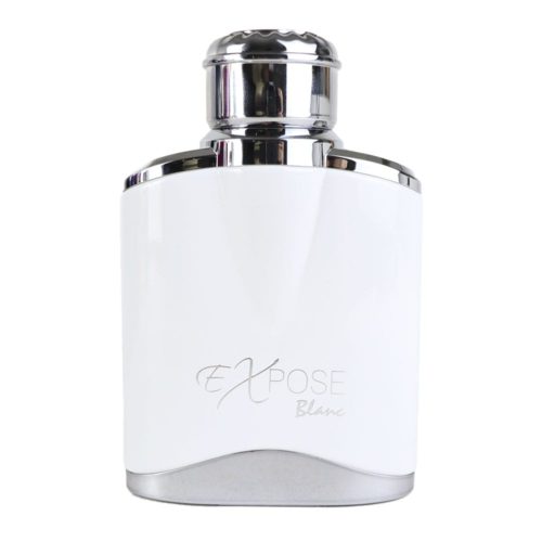 Close-up of the Expose Blanc Eau de Parfum bottle, featuring a minimalist white design with silver accents.
