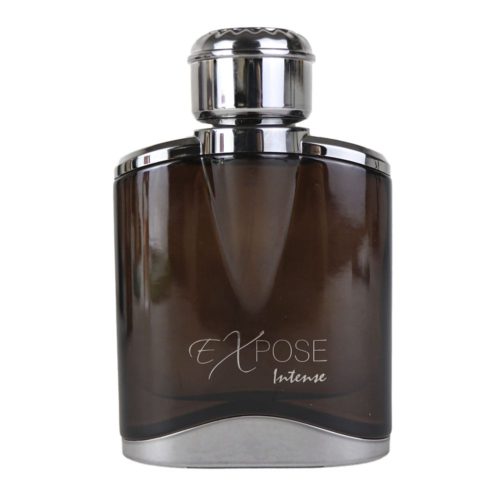 Expose Intense perfume bottle by Maison Alhambra, dark brown with silver details and a shiny metallic cap.