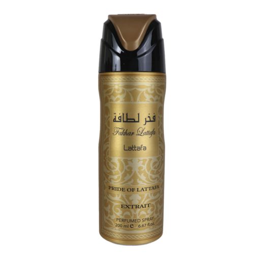 A close-up of a single Fakhar Xtrait Perfumed Spray can by Lattafa, in gold and black, with 'Pride of Lattafa' and 'Extrait' written on the label.